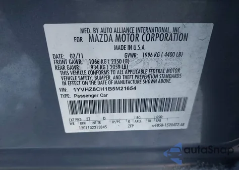 2011 Mazda Mazda6 I Touring z USA, uszkodzony, nr VIN 1YVHZ8CH1B5M21654